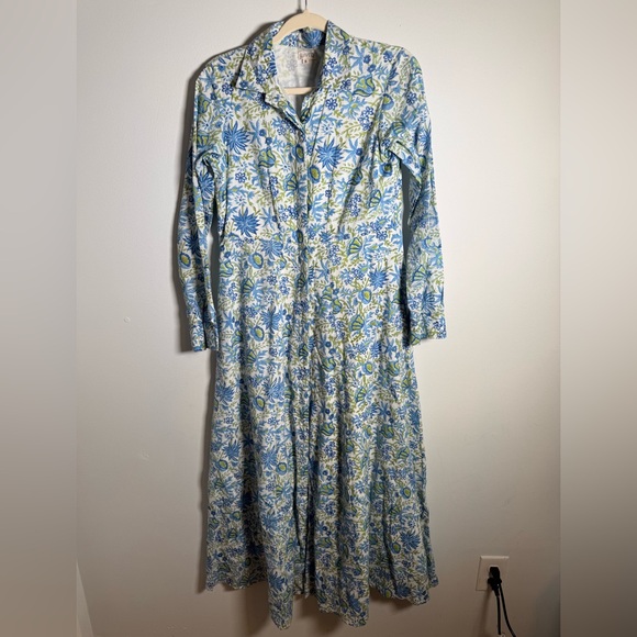 LIVRO Blue Floral Cotton Maxi DressLong Sleeve Button FrontIndia MadeS